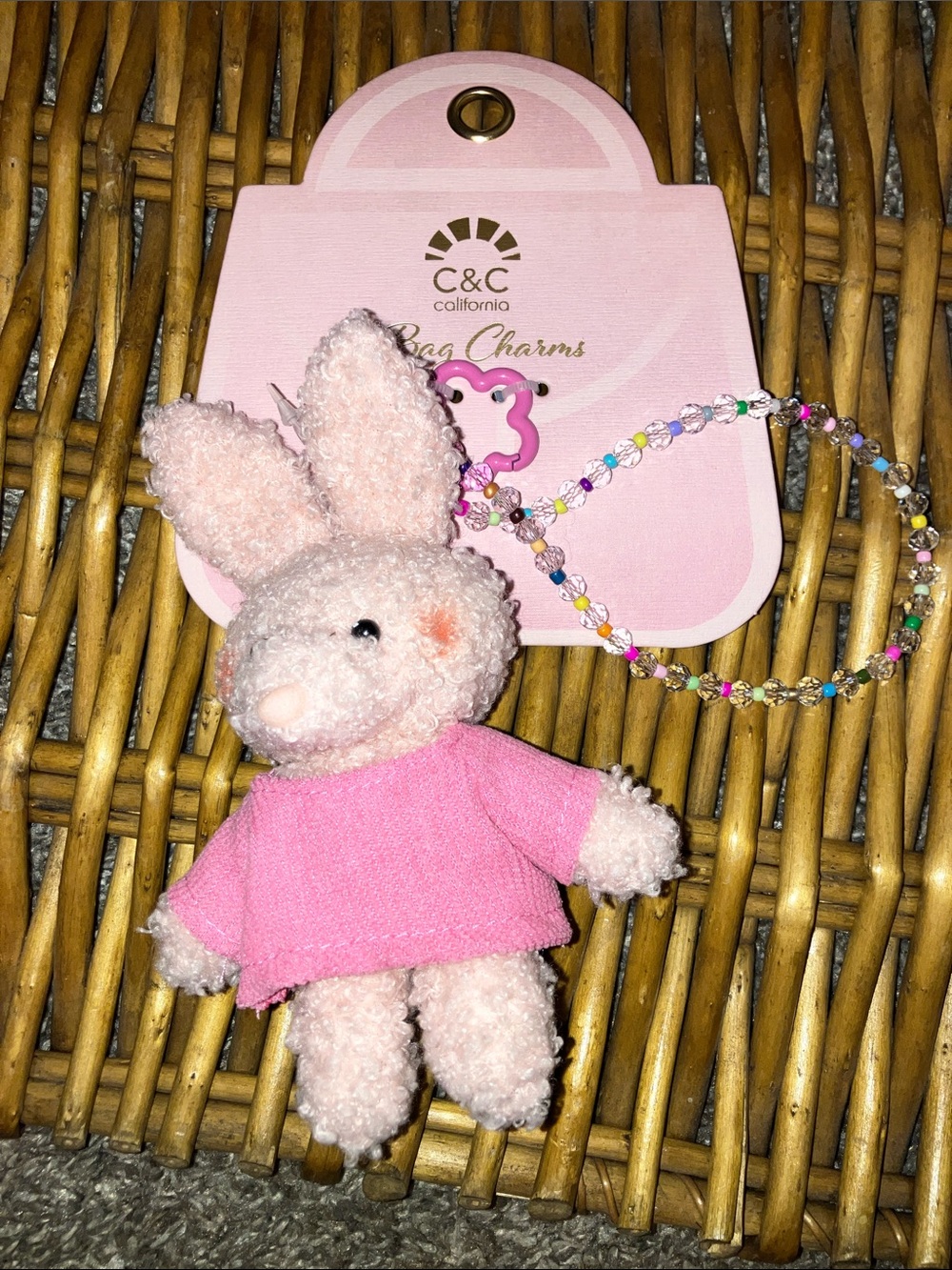 C&C California Pink Bunny Plush Bag Charm with Beaded Loop New